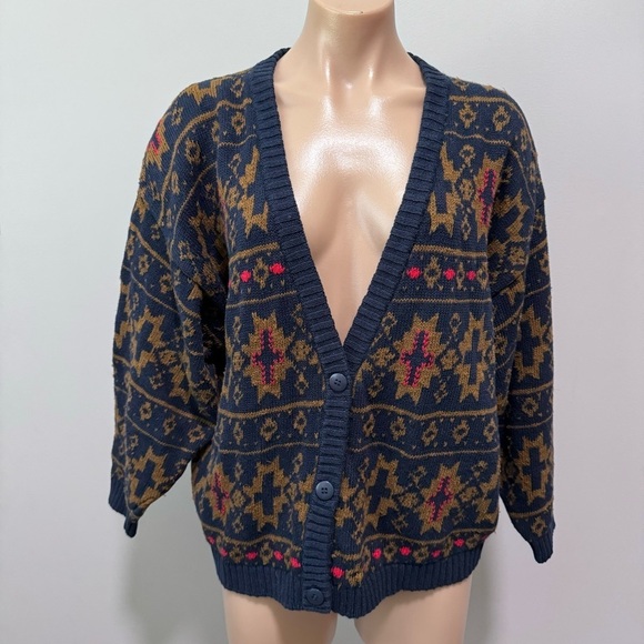 Knit Knit Cardigan Sweater Navy Blue Gold Red Pattern Large School Vintage Retro - Picture 1 of 5